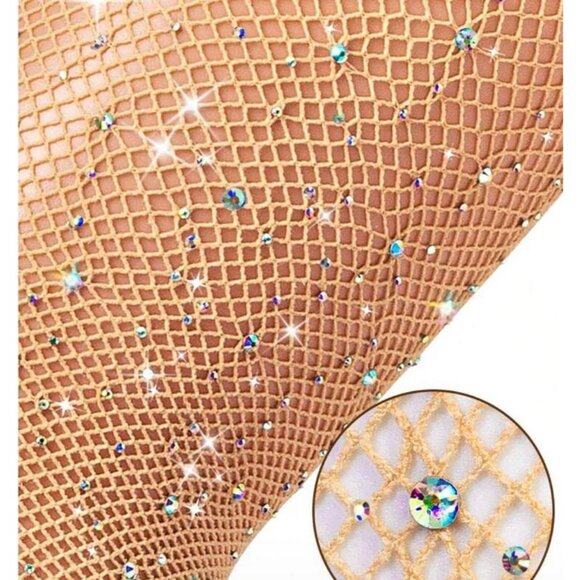 SPARKLING Nude Rhinestone Fishnet Showgirl Stockings Tights One Size NEW - Picture 3 of 4